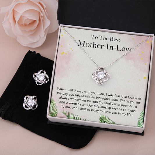 To The Best Mother-In-Law Stunning 3pc Set Love Knot Necklace and Matching Earrings