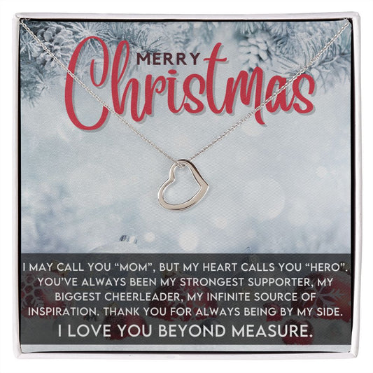 Merry Christmas Mom Silver Delicate Heart Necklace
