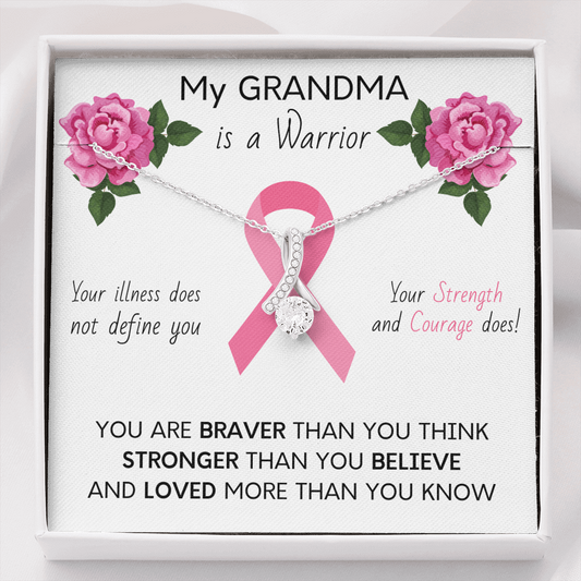 BREAST CANCER Ribbon My GRANDMA Is A Warrior - Beautiful Ribbon Necklace - Breast Cancer Awareness for Grandma