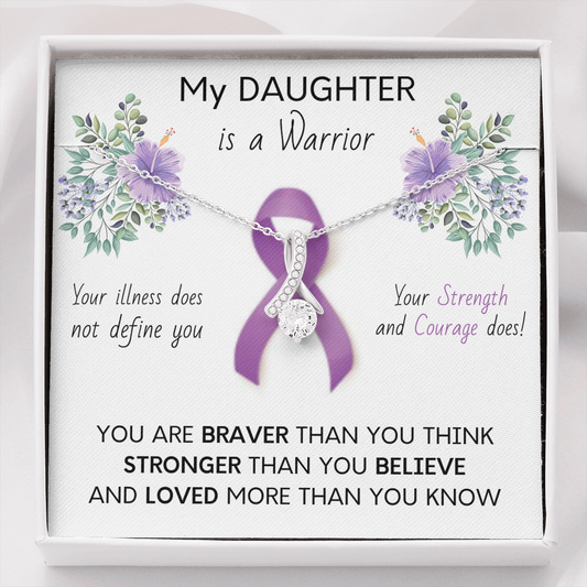 PANCREATIC CANCER Ribbon My DAUGHTER is a Warrior - Silver Ribbon Necklace Supporting Daughter