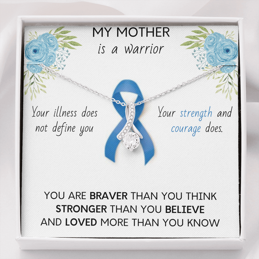 COLON CANCER RIBBON - My MOTHER is a Warrior - Beautiful Ribbon Necklace - Cancer Awareness for Mother