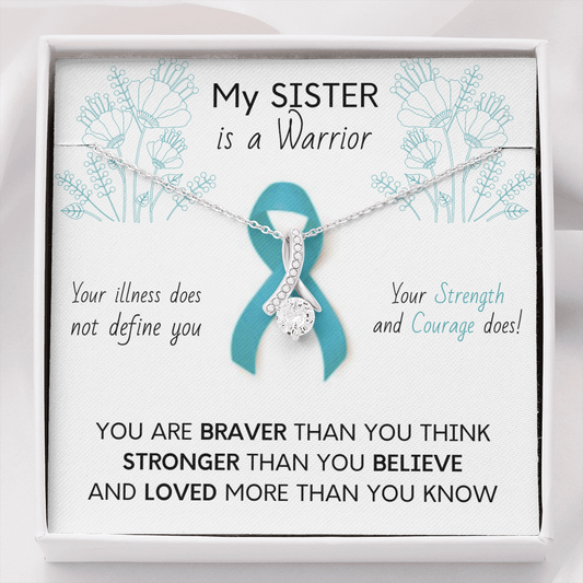 OVARIAN CANCER Ribbon My SISTER is a Warrior - Beautiful Ribbon Necklace - Cancer Awareness for Sister