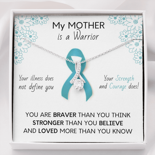 OVARIAN CANCER Ribbon My MOTHER is a Warrior - Beautiful Ribbon Necklace - Cancer Awareness for Mother