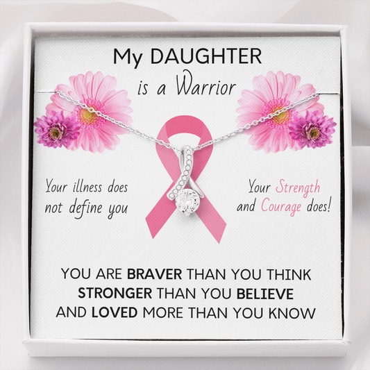 BREAST CANCER Ribbon My DAUGHTER Is a Warrior - Beautiful Ribbon Necklace - Breast Cancer Awareness for Daughter