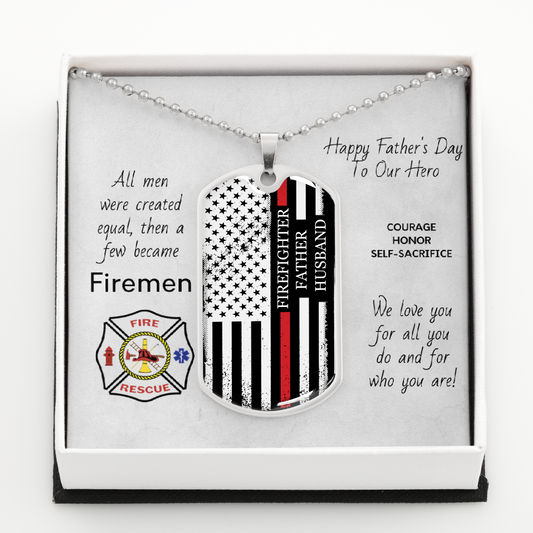 Firefighter Father Husband Dog Tag Chain - Silver or Gold - Engraving Option