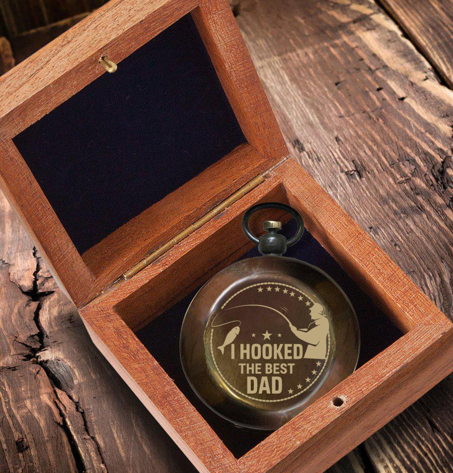 I Hooked The Best Dad Engraved Compass With Wooden Box